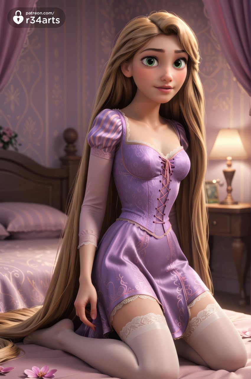 1girls ai_generated artist_name bed bedroom blonde_hair breasts cleavage collarbone corset cross-laced_clothes curtains disney disney_princess dress flower freckles green_eyes hi_res indoors kneeling lamp lips long_hair long_sleeves looking_at_viewer medium_breasts no_shoes on_bed pillow pink_flower puffy_sleeves purple_dress r34arts rapunzel rapunzel_(tangled) small_breasts solo tangled thighhighs very_long_hair white_thighhighs