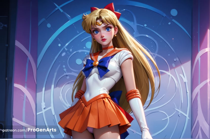 1girls ai_generated aino_minako artist_name bishoujo_senshi_sailor_moon blonde_hair blue_bow blue_eyes bow breasts choker circlet covered_navel cowboy_shot earrings elbow_gloves gloves hairbow hi_res jewelry leotard leotard_peek lips long_hair looking_at_viewer magical_girl minako_aino miniskirt orange_choker orange_sailor_collar orange_skirt panties pantyshot patreon_username pleated_skirt progenarts red_bow red_lips sailor_collar sailor_jupiter sailor_senshi_uniform sailor_venus skirt solo standing underwear watermark web_address white_gloves white_leotard