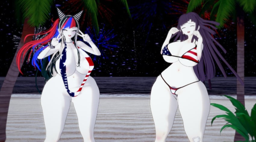 4th_of_july almost_naked barely_clothed bikini blue_hair celebration danganronpa danganronpa_2:_goodbye_despair dyed_hair ebookie_meowda huge_breasts huge_thighs mioda_ibuki red_hair tsumiki_mikan wide_hips