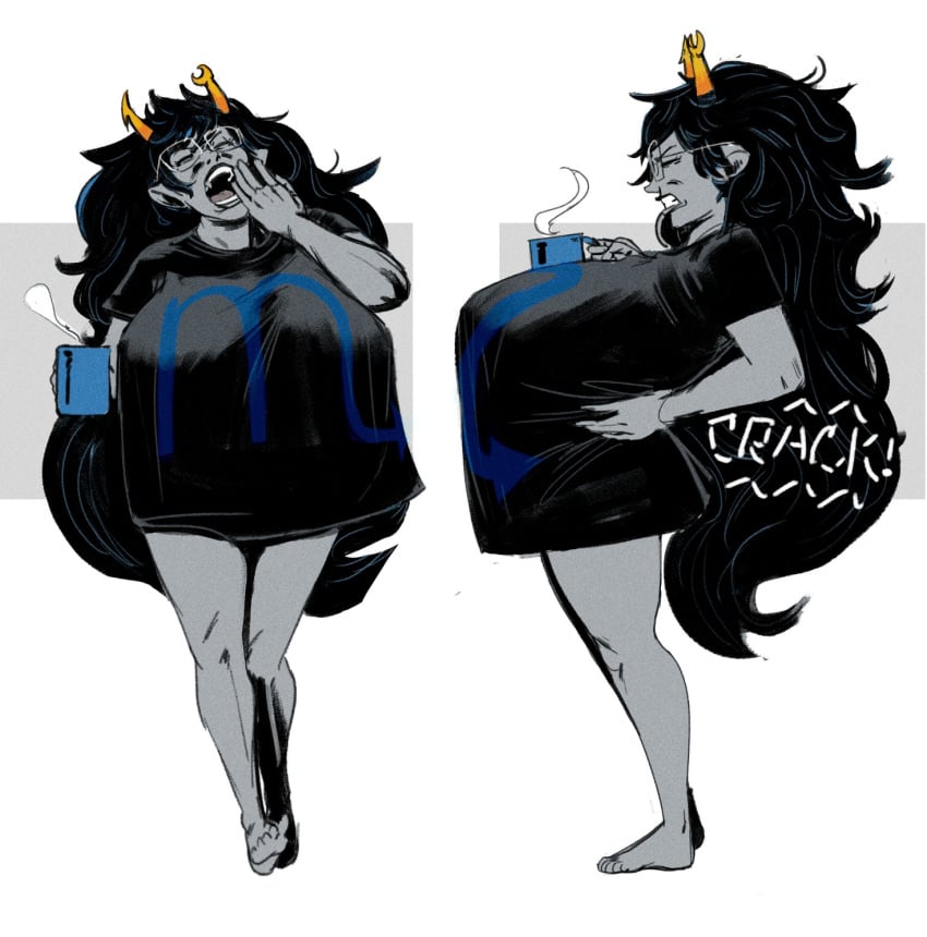 bottomless breasts clenched_teeth clothed female homestuck hyper hyper_breasts partially_clothed redandblacktac solo standing stretching vriska_serket yawning