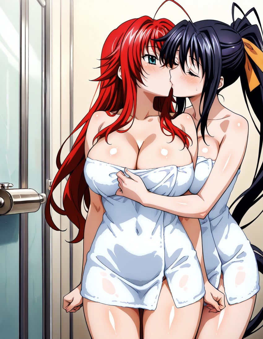 2girls ahoge ai_generated akeno_himejima antenna_hair bathroom big_breasts black_hair blue_green_eyes blush closed_eyes couple crimson_hair female_only grabbing_another&#039;s_breast hair_ribbon high_school_dxd kissing large_breasts lesbian light_skin orange_ribbon ponytail rias_gremory towel very_long_hair violet_eyes voluptuous yuri