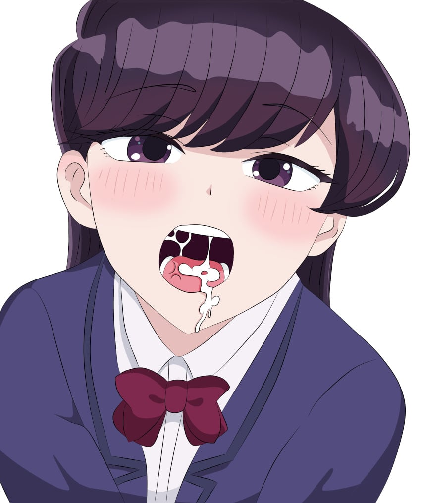 absurdres blue_jacket blush bow bowtie collared_shirt cum cum_in_mouth cum_on_tongue female from_above highres hmangadd itan_private_high_school_uniform jacket komi-san_wa_komyushou_desu komi_shouko long_hair looking_at_viewer open_mouth paid_reward_available portrait purple_eyes purple_hair red_bow red_bowtie school_uniform shirt simple_background solo teeth white_background white_shirt winter_uniform