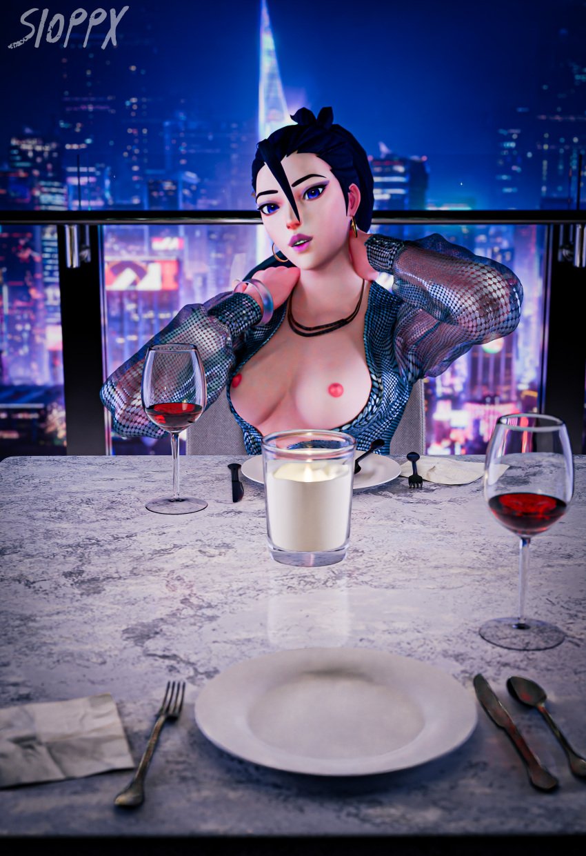 1female 1girls 3d 3d_render blender blender_(artwork) blender_(software) blender_cycles boobs_out breasts breasts_out city_background cityscape clothed clothed_female clothing date dinner dinner_date dinner_table dress female k/da_kai'sa k/da_series kai'sa league_of_legends league_of_legends:_wild_rift night night_sky pov riot_games showing_breasts showing_off sioppx teasing tits_out