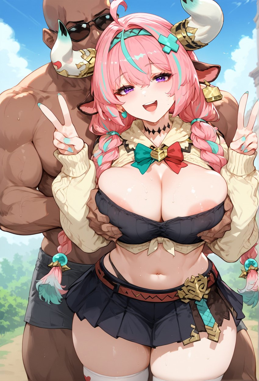 1boy 1boy1girl 1girls ai_generated areola big_ass big_breasts cow_ears cow_girl cow_horns curvy curvy_figure dark-skinned_male genshin_impact grabbing grabbing_breasts grabbing_from_behind horns inevitable_rape inevitable_sex interracial light-skinned_female navel smile sogo thick_thighs twintails v_sign varesa_(genshin_impact) wide_hips