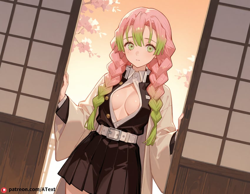 ai_generated belt black_skirt braid cleavage coat cum_in_pussy demon_slayer_uniform flat_chest gradient_hair green_eyes green_hair half-exposed haori japanese_clothes kanroji_mitsuri long_hair long_sleeves miniskirt mole mole_under_eye multicolored_hair partially_unbuttoned pink_hair pleated_skirt pussy skirt twin_braids two-tone_hair