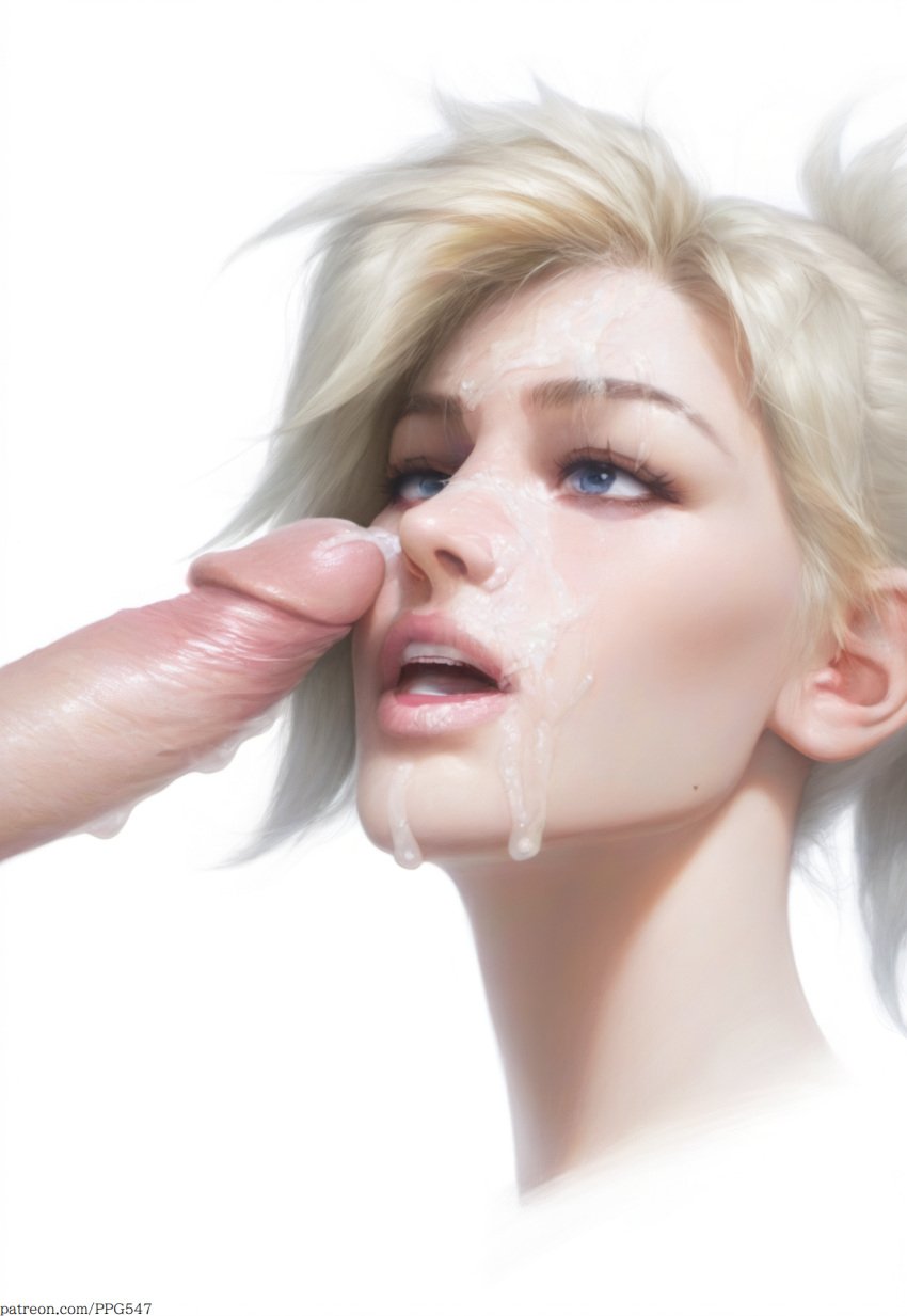 after_blowjob after_fellatio after_oral ahe_gao ahe_gao ai_generated blonde_female blonde_hair blonde_hair blonde_hair_female blue_eyes cum cum_on_face cum_on_penis eyelashes facial female female_only mercy nai_diffusion novelai open_mouth overwatch overwatch_2 parted_lips patreon_username penis pujopg realistic simple_background white_background white_girl white_skin white_woman