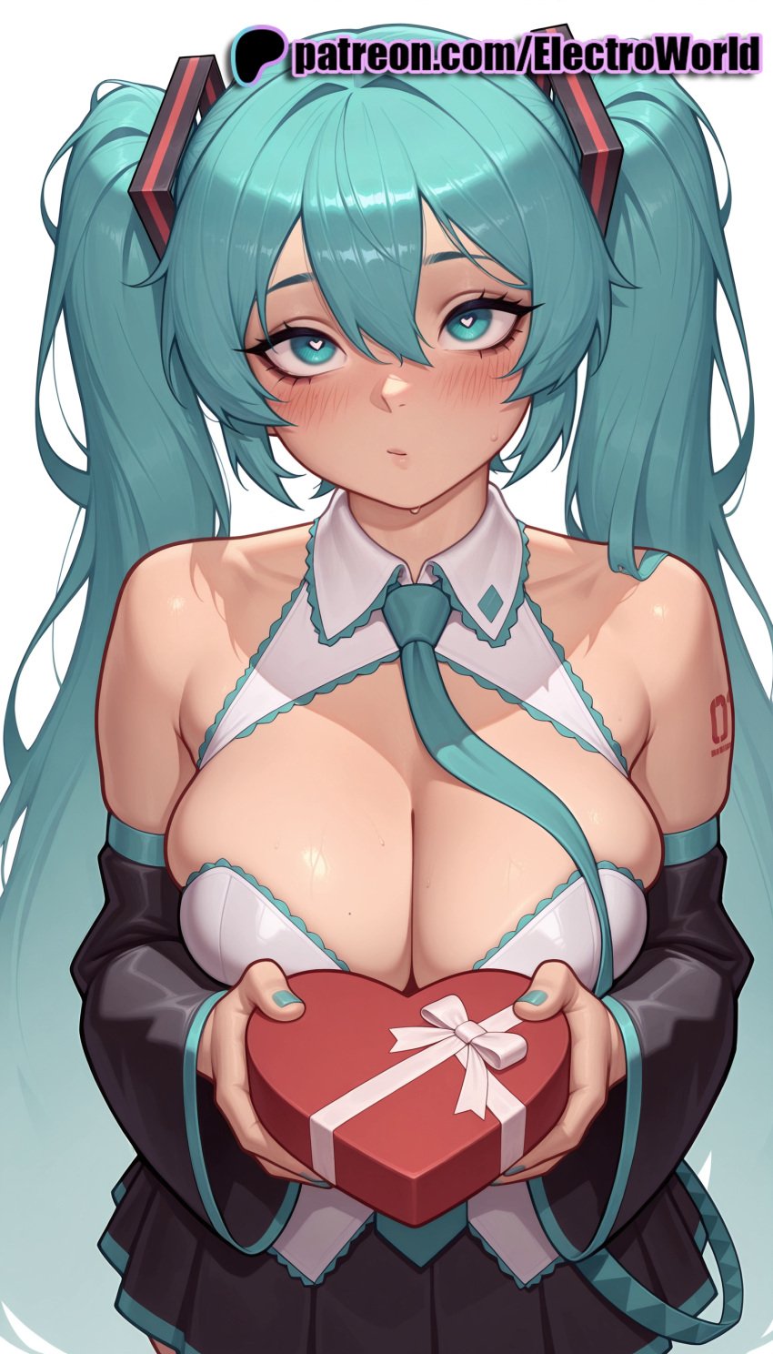 1girls 2025 ai ai_assisted ai_generated anime anime_girl anime_style aqua_eyes aqua_hair aqua_nails artist_name bare_shoulders big_breasts big_breasts big_breasts big_chest blue_nails blush box breast breast_tattoo breasts breasts breasts bust busty chest chocolate cleavage detached_sleeves electroworld female gift gift_box hair_ornament hatsune_miku heart heart-shaped_box hi_res high_quality high_resolution highres holding holding_box holding_gift incoming_gift large_breasts long_hair looking_at_viewer mole mole_on_breast nail_polish necktie number_tattoo open_clothes patreon patreon_username shoulder_tattoo simple_background skirt solo stable_diffusion sweat tattoo twintails valentine valentine's_day very_long_hair vocaloid watermark