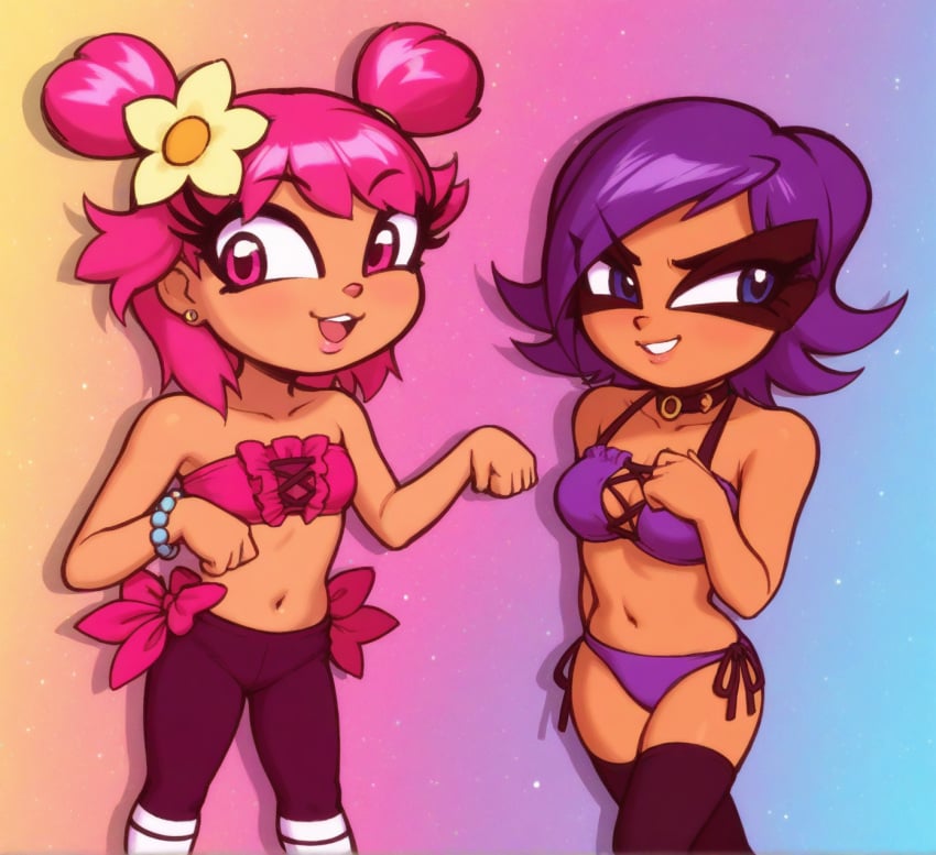 2025 2girls ai_assisted ai_generated ami_onuki background bikini bracelet bun cartoon_network color_background earrings hi_hi_puffy_amiyumi mask necklace pants pink_bikini_top pink_eyes png purple_bikini purple_eyes warner_brothers yumi_yoshimura