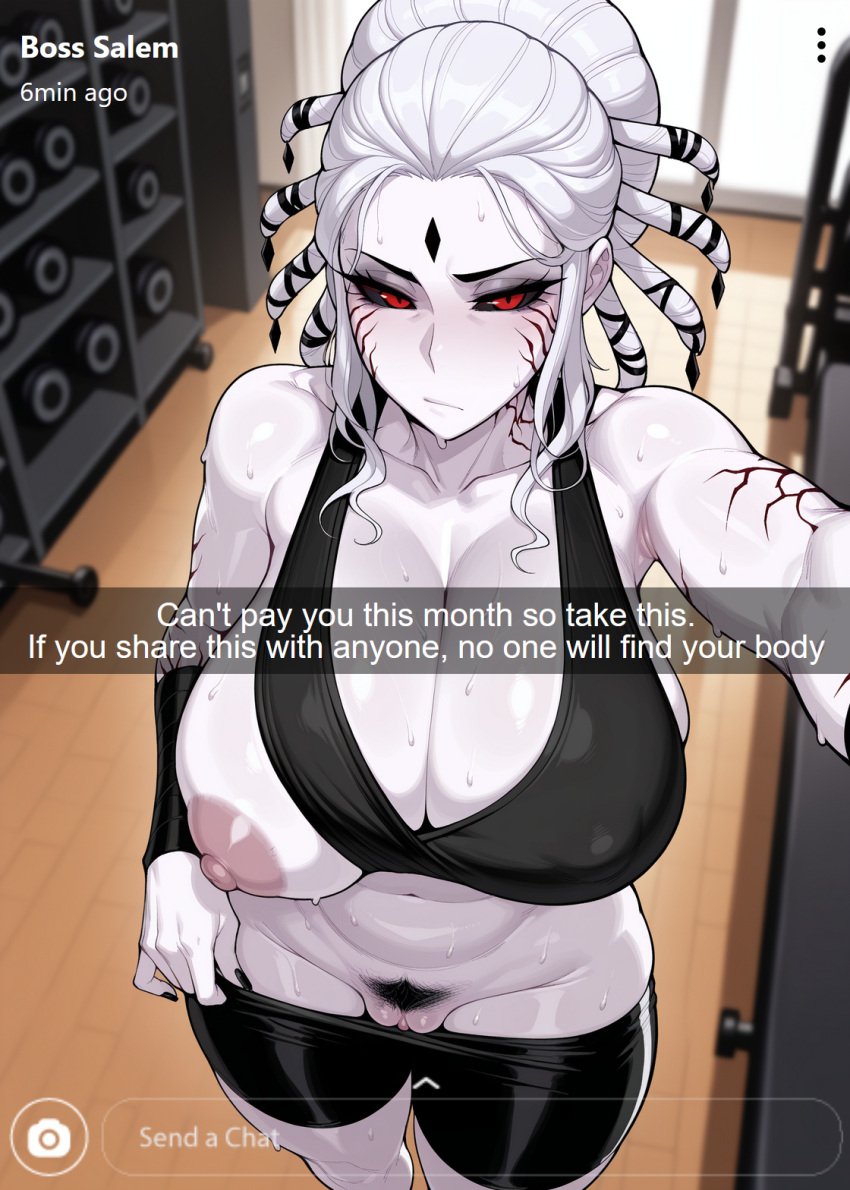 ai_generated big_breasts black_nails black_sclera female female_only hair_up happy pale_skin pussy red_eyes rwby salem_(rwby) tattoo tattoos white_hair white_skin