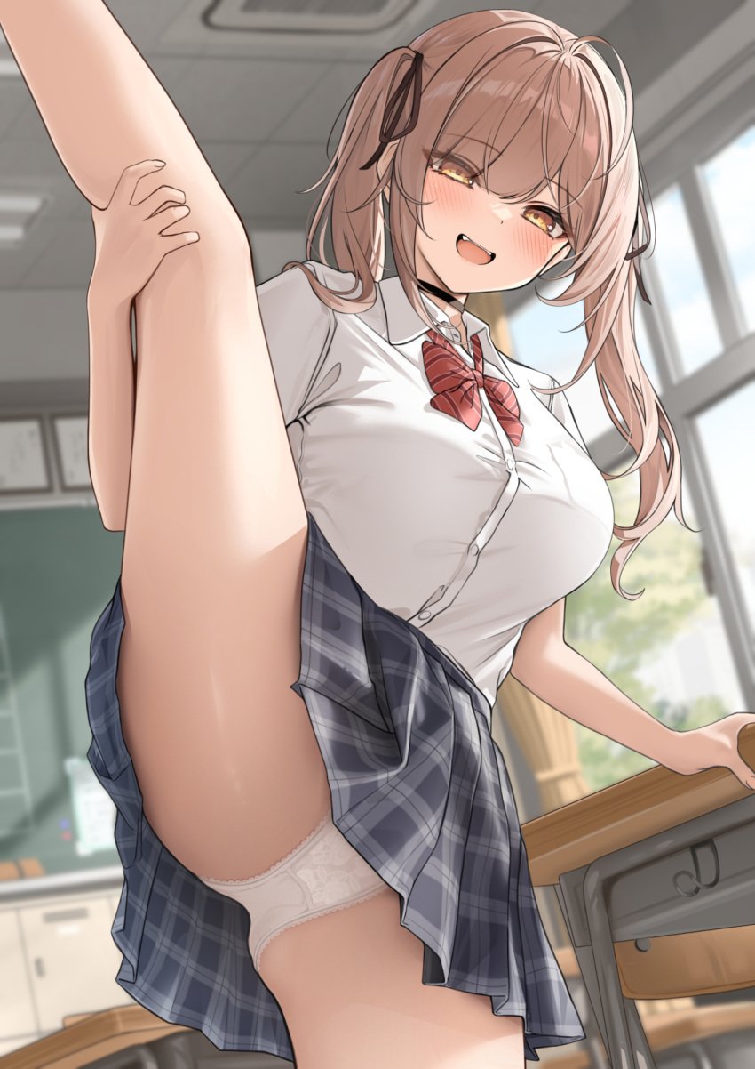 1girls :d black_choker black_skirt blush bow bowtie breasts brown_eyes brown_hair chalkboard choker classroom collared_shirt commentary_request day desk female hair_ribbon highres imouto-chan_(monaka_curl) indoors large_breasts leg_lift long_hair looking_at_viewer monaka_curl open_mouth original panties plaid_clothes plaid_skirt red_bow red_bowtie ribbon school_desk school_uniform shirt shirt_tucked_in short_sleeves skirt smile solo split standing standing_on_one_leg standing_split sunlight thighs twintails underwear white_panties