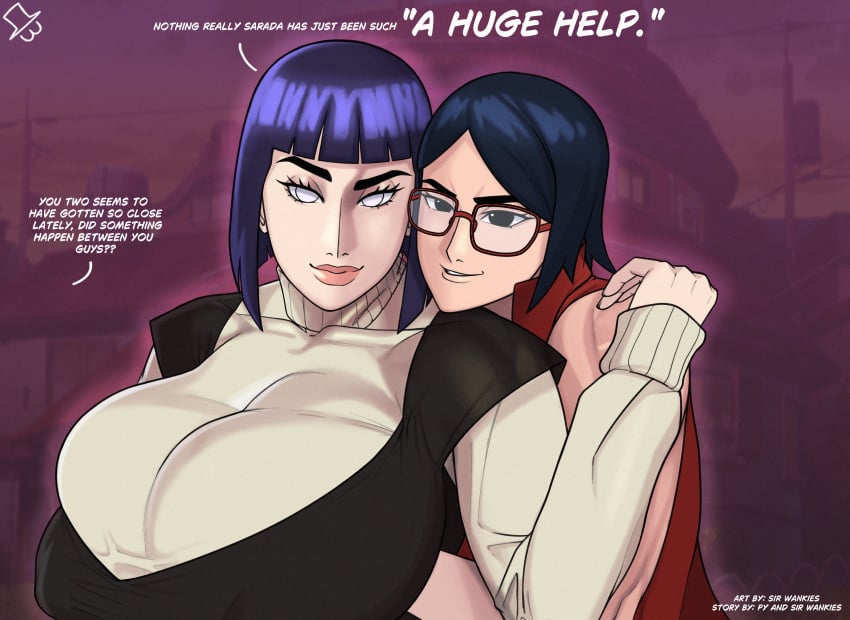 1boy 2girls age_difference boruto:_naruto_next_generations cheating cheating_wife clothed dark_blue_hair dark_hair glasses hug huge_breasts hyuuga_hinata implied_cheating light-skinned_female massive_breasts milf muscular_female naruto netorare nipple_bulge nipples_visible_through_clothing offscreen_character sarada_uchiha sir_wankies yuri