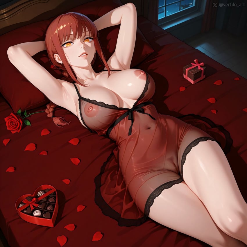 1girls ai_generated arms_behind_head chainsaw_man large_breasts lips lying makima_(chainsaw_man) nightgown nipple_slip nipples on_back on_bed pussy see-through valentine's_day vertiloart