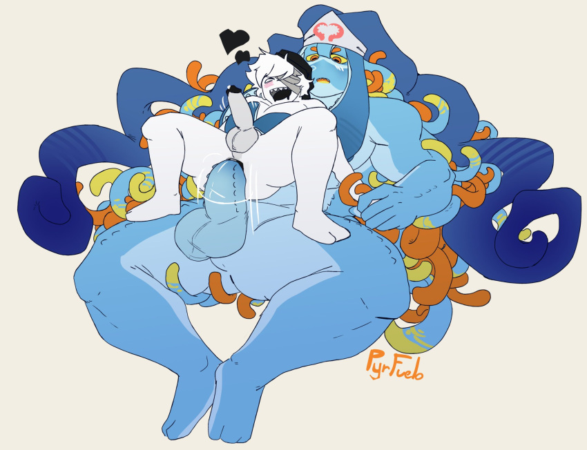 bara big_balls big_penis buff commission commission_art commissioner_upload non-human pyrfuelo size_difference snare_(rentherennn) tentacle tentacles_around_arms tentacles_everywhere tentacles_on_male white_body white_hair