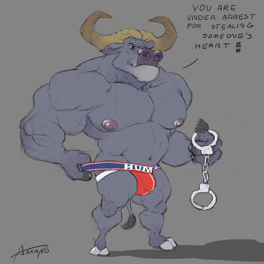 1boy anthro arkanoego barefoot biceps big_muscles bovine buffalo bulge cape_buffalo chief_bogo dialogue disney english_text full-length_portrait handcuffs holding_object horn jockstrap male male_only mammal muscular naughty_face navel nipples pecs penis_outline pinup portrait pose shackles signature sketch solo standing talking_to_viewer text topless underwear underwear_pull zootopia