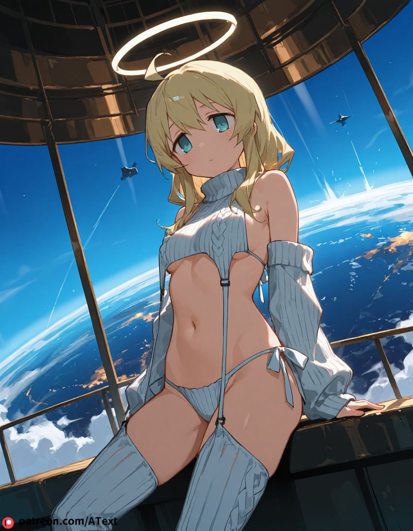 ai_generated blonde_hair blue_eyes breasts frowning navel planetarium shoujo_shuumatsu_ryokou small_breasts suggestive virgin_destroyer_sweater yuuri_(shoujo_shuumatsu_ryokou)