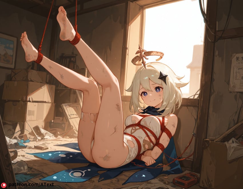 ai_generated beautfiul_background bondage dirty legs_up medium_breasts messy_room paimon_(genshin_impact) scratched seductive_smile stunning_backgroud wounded