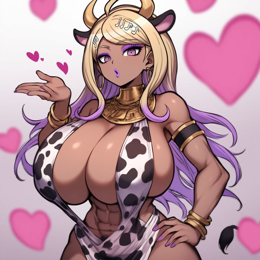 abs ai_generated akamatsu_kaede breasts_bigger_than_head cow-ede_akamatsu cow_girl cow_print danganronpa gala_dress heart huge_breasts new_danganronpa_v3 tagme tan_body