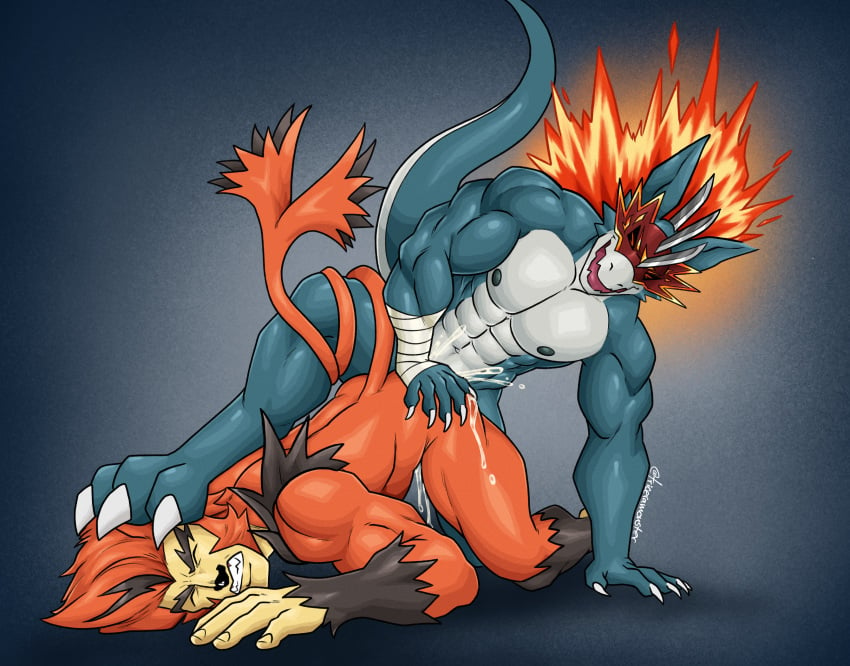 anal anal_sex anthro bandai_namco black_body black_fur black_nose bodily_fluids cum cum_in_ass cum_inside cum_while_penetrated digimon digimon_(species) feet fire flamedramon foot_on_head fur genital_fluids hi_res hybrid male male/male mammal mask nipples orange_body orange_fur orgasm_face penetration primate tail_wrapped_around triceramonster