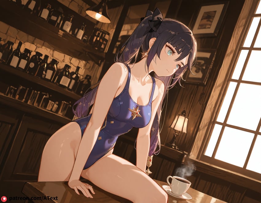 ai_generated beautfiul_background coffee_house crouching dim_candlelight evil medium_breasts mona_(genshin_impact) one-piece_swimsuit stunning_backgroud sulking