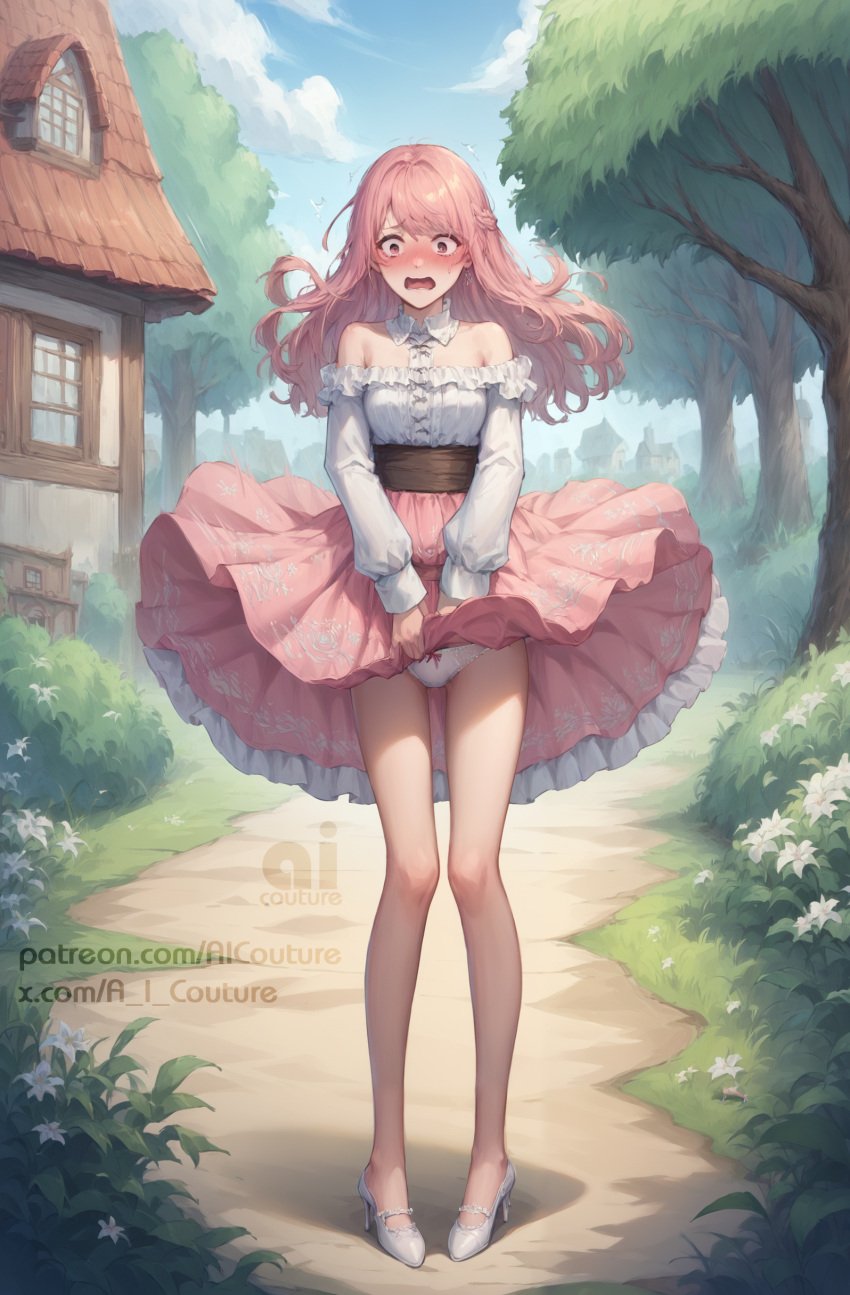 accidental_exposure ai_assisted ai_couture ai_generated blush blush embarrassed high_heels infinity_nikki knees_together nikki_(infinity_nikki) pink_eyes pink_hair surprised surprised_expression upskirt white_panties wind wind_lift