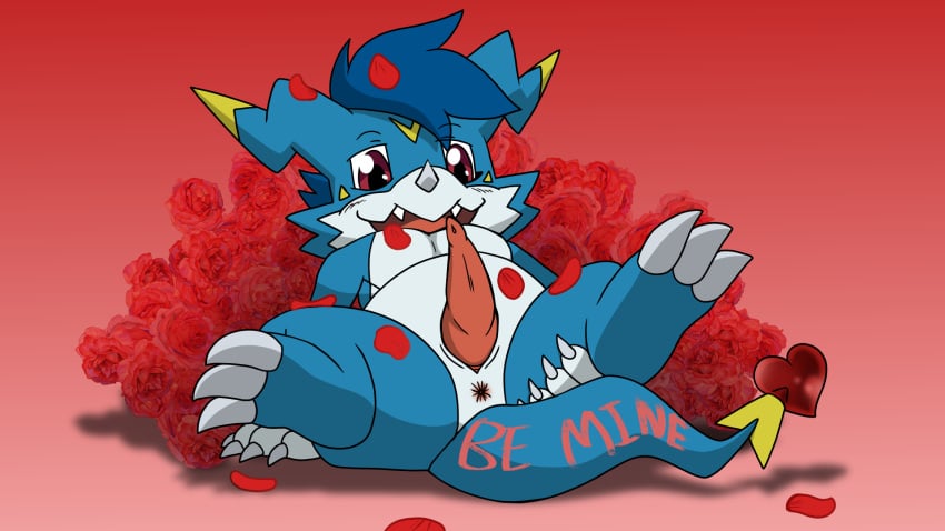 anus bandai_namco chicostyx digimon digimon_(species) dragon fanmon genitals hair hi_res holidays male male/male mythological_creature mythological_scalie mythology penis petals reptile rose_petals scalie valentine's_day veemon yami_the_veemon