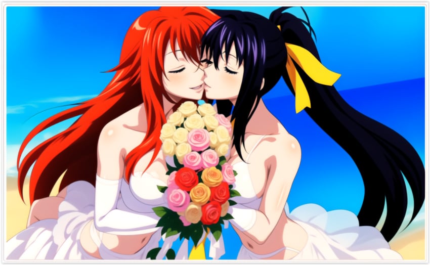 2girls ai_generated akeno_himejima flirting girl_on_girl high_school_dxd kissing lesbian_couple lesbian_kiss lovers marriage rias_gremory wedding_dress yuri yuri yuri