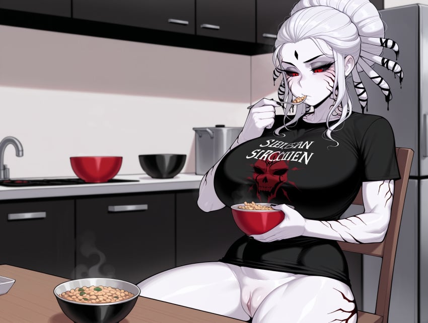 ai_generated big_breasts black_nails black_sclera female female_only hair_up happy nipple_slip pale_skin pussy red_eyes rwby salem_(rwby) tattoo tattoos white_hair white_skin