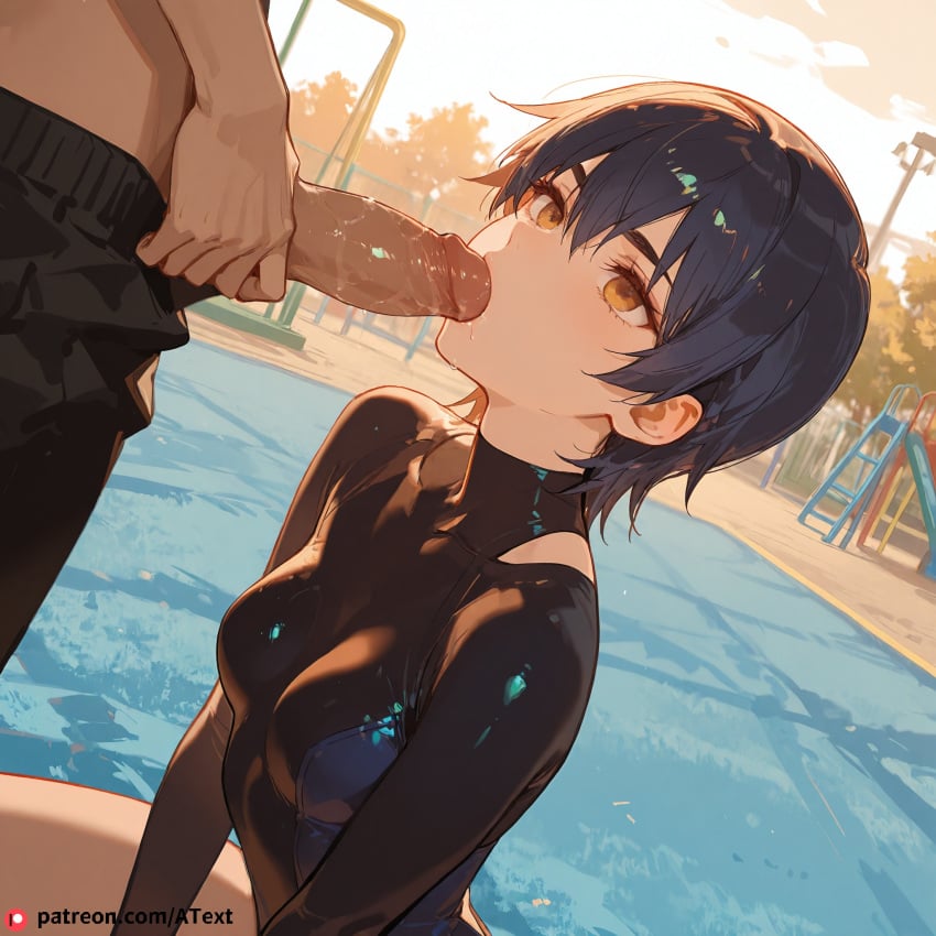 1boy ai_generated athletic_leotard beautfiul_background black_hair erection fellatio jitome kanbaru_suruga monogatari_(series) penis playground small_breasts uncensored yellow_eyes