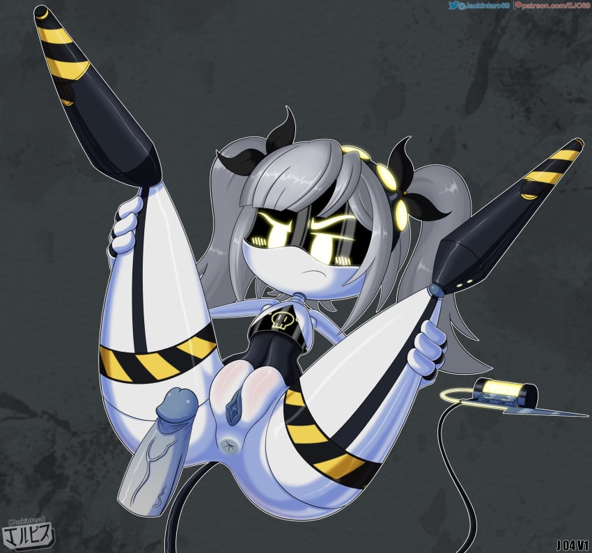 anus blush digital_media_(artwork) disassembly_drone fanart female female_only glitch_productions grey_hair humanoid j_(murder_drones) jackintaro murder_drones penis pussy ribbons robot robot_girl screen_face sex simple_background spread_legs tail twintails yellow_eyes