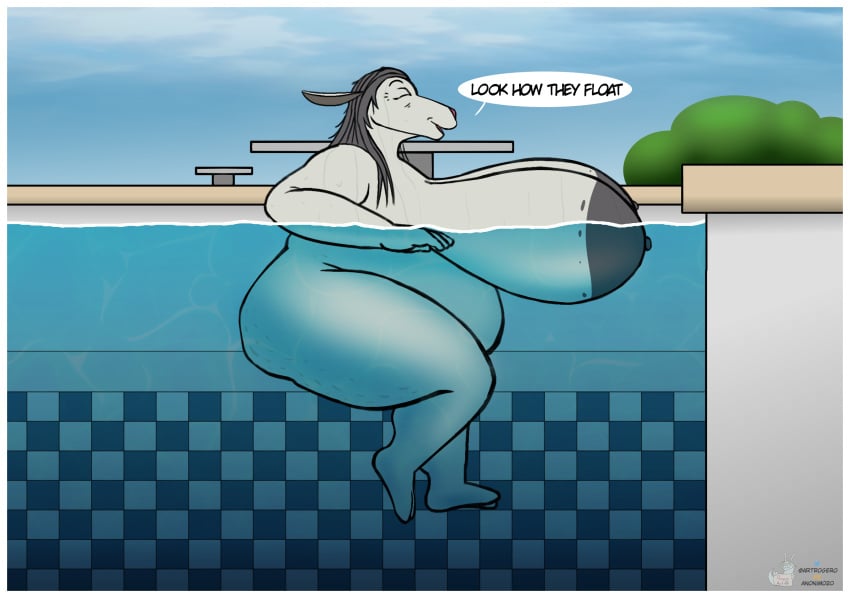 anthro areola ass beware_the_shadowcatcher big_areola big_breasts big_butt border bovid breasts caprine cellulite english_text female floating hi_res huge_breasts mammal mature_female maude_(bts) overweight overweight_female rogero_(artist) sheep side_view solo swimming_pool text thick_thighs watermark white_border zed_technician_games