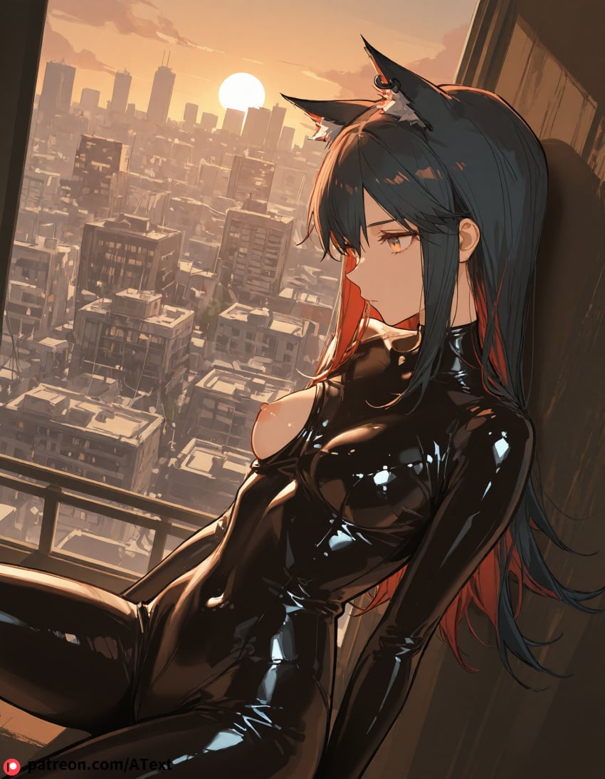 ai_generated beautfiul_background cityscape crying drenched_in_rain latex_bodysuit one_breast_out small_breasts stunning_backgroud texas_(arknights)