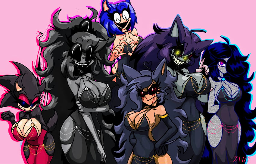 absurd_res angry animal_ears anthro ass big_breasts black_clothing black_dress black_eyes black_hair black_sclera blue_hair breasts clothing crying_blood dress female group hair hi_res hollow_hip_backless_chain_dress human long_hair looking_at_viewer looking_down looking_up lord_x mammal milady_x_(jmc) multi_eye personification pink_eyes purple_hair red_clothing red_dress rule_63 sibling_(lore) sister_(lore) sisters_(lore) smile sonic.exe_(creepypasta) third-party_edit xanthera_(jmc) yellow_eyes