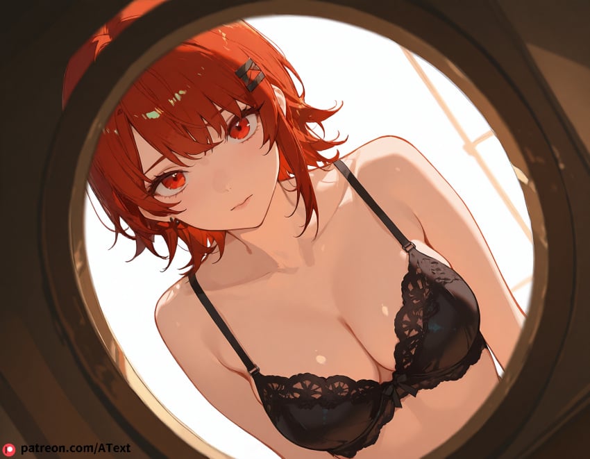 1girls ai_generated black_bra blush bra chart flowing_hair lace_lingerie medium_breasts red_eyes red_hair