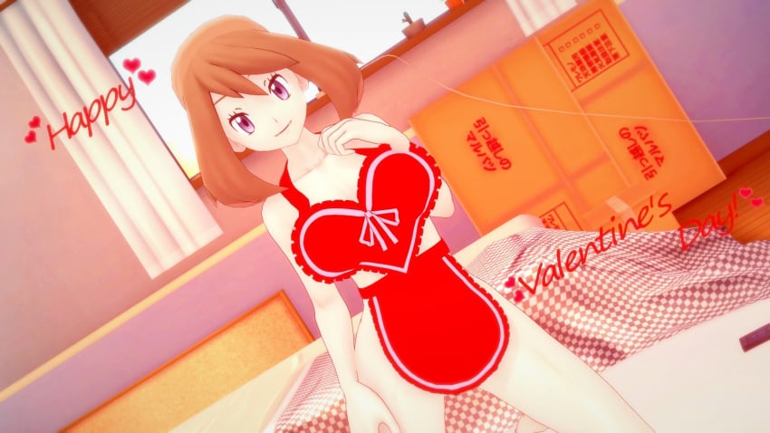 apron_only bedroom bedroom_eyes brown_hair koikatsu may_(pokemon) perfect_idiot pokemon text valentine&#039;s_day