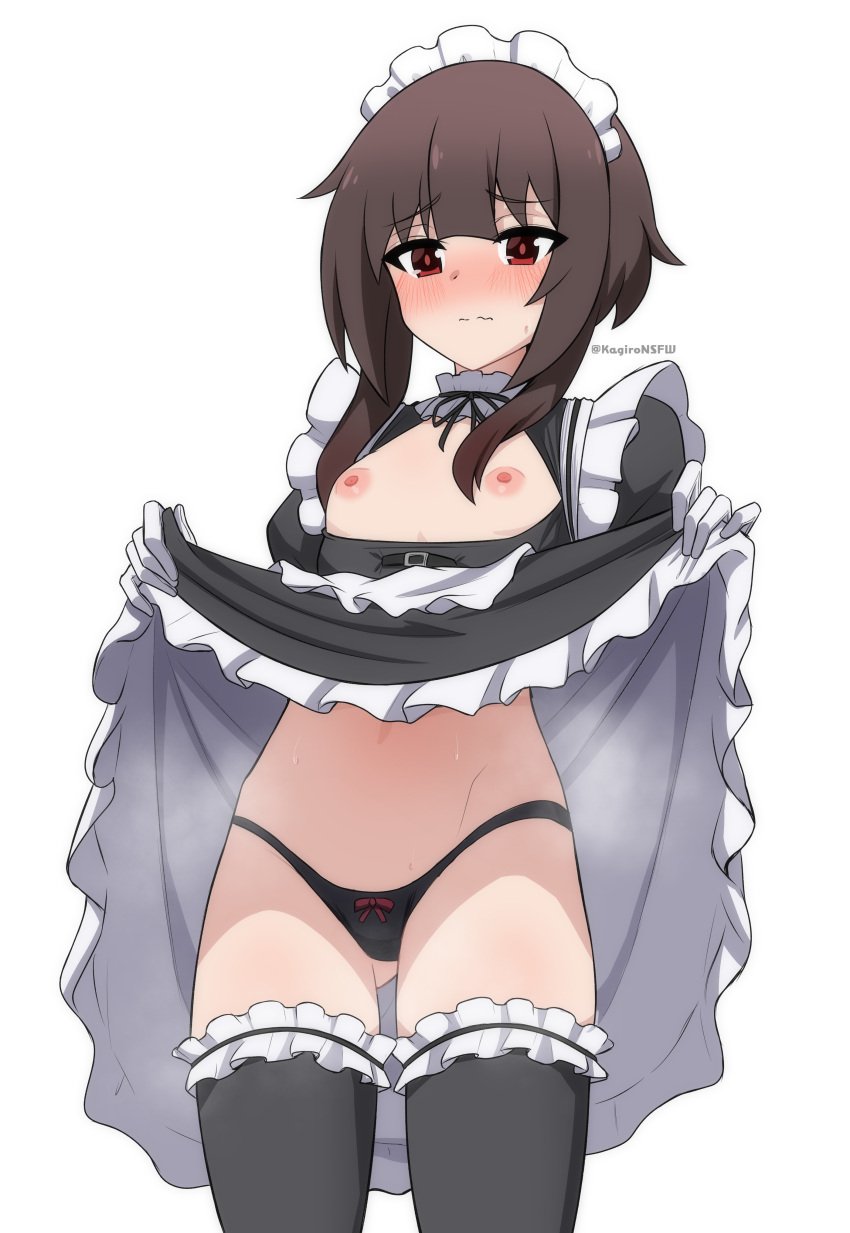 1girls black_panties blush breasts brown_hair dress_lift female flat_chest gloves kagironsfw kono_subarashii_sekai_ni_shukufuku_wo! maid maid_headdress maid_uniform megumin panties partially_clothed red_eyes short_hair skirt_lift solo solo_female sweat