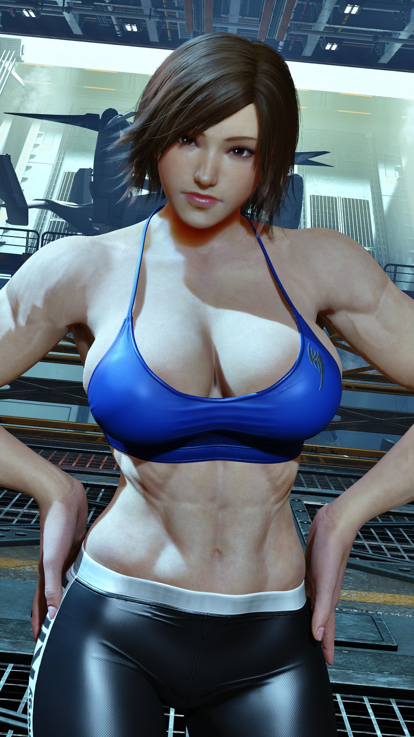 1girls alluring athletic_female big_breasts brown_eyes brown_hair cleavage envy15re2lm fit_female gym_pants kazama_asuka mode pin_up solo sports_bra