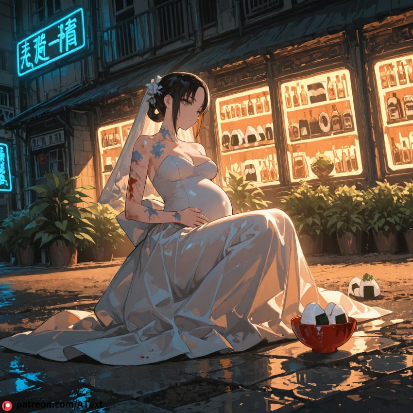 ai_generated black_hair bleach blood bowl breasts crouching dirty disappointed glowing_neon_lights green_eyes katori_batsu'unsai lawn medium_breasts onigiri plant pregnant wedding_dress white_dress