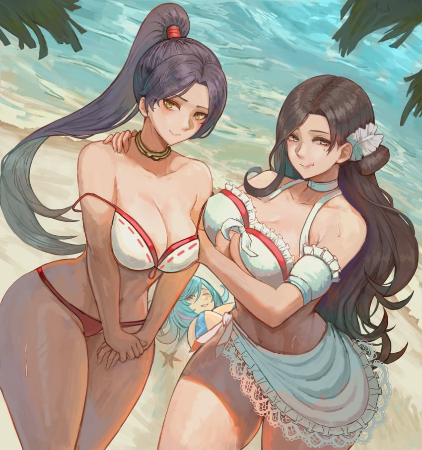 3girls beach bikini black_hair blue_hair brown_hair cleavage dead_or_alive huge_breasts licking_lips momiji_(ninja_gaiden) ninja_gaiden sarong sayuri_(dead_or_alive) seaside tamaki_(doa) thick_thighs voidmakerz voluptuous