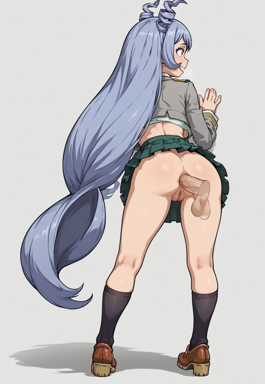 ai_generated anal anal_juice anal_sex ass ass_focus bending_over blue_eyes blue_hair clothed clothing echodantalian girl invisible_man light_blue_hair miniskirt my_hero_academia nejire_hado offscreen_male penis shirt smile wet_pussy