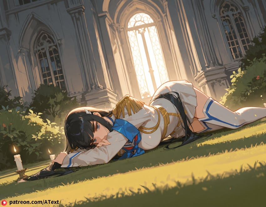 1boy ai_generated beautfiul_background black_hair blunt_bangs blush botanical_garden dim_candlelight epaulettes kiryuuin_satsuki large_breasts long_sleeves mating_press neckerchief short_dress single_armband stunning_backgroud thigh_boots very_long_hair