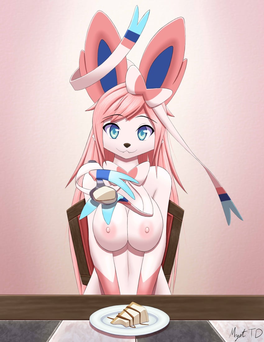 absurd_res anthro areola blue_eyes cake cheesecake cute_fangs dessert eeveelution fangs female food generation_6_pokemon hi_res long_hair looking_at_viewer myssedakes nintendo nipples nude pink_hair pokemon pokemon_(species) smile solo sylveon teeth