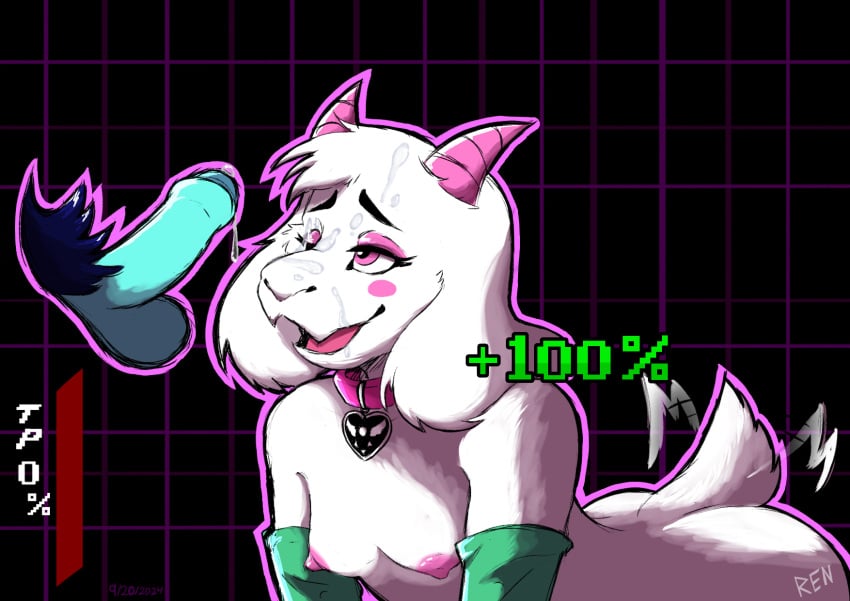 anthro bodily_fluids bovid breasts caprine cum cum_on_face deltarune duo ejaculation female foreskin genital_fluids genitals goat hi_res horn human intersex intersex/male kris_(deltarune) male mammal penis precum pubes ralsei sashimiren tail tail_motion tailwag undertale_(series)