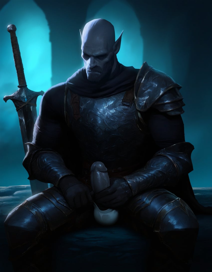 ai_generated armor armored_male balls balls_in_panties balls_under_clothes big_penis cloak dark-skinned_male dark_body dark_elf dark_penis dark_skin elf elf_male erect_penis erection erection_under_clothes fantasy gay gay_male gloves grey_body grey_skin handjob male male_only muscular muscular_male penis solo solo_male sword underwear weapon