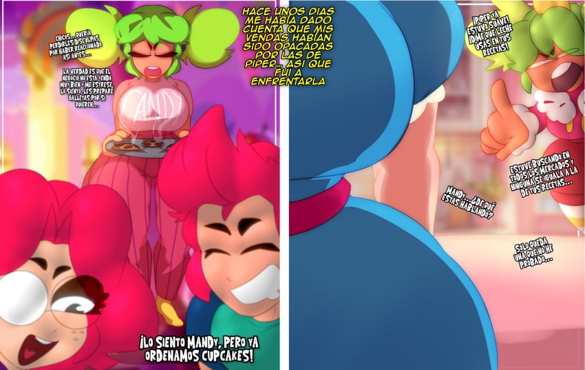 1futa 1girls ame_momos brawl_stars chester_(brawl_stars) clothed clothing comic female_only fully_clothed futanari mandy_(brawl_stars) piper_(brawl_stars) spanish_text translation_request