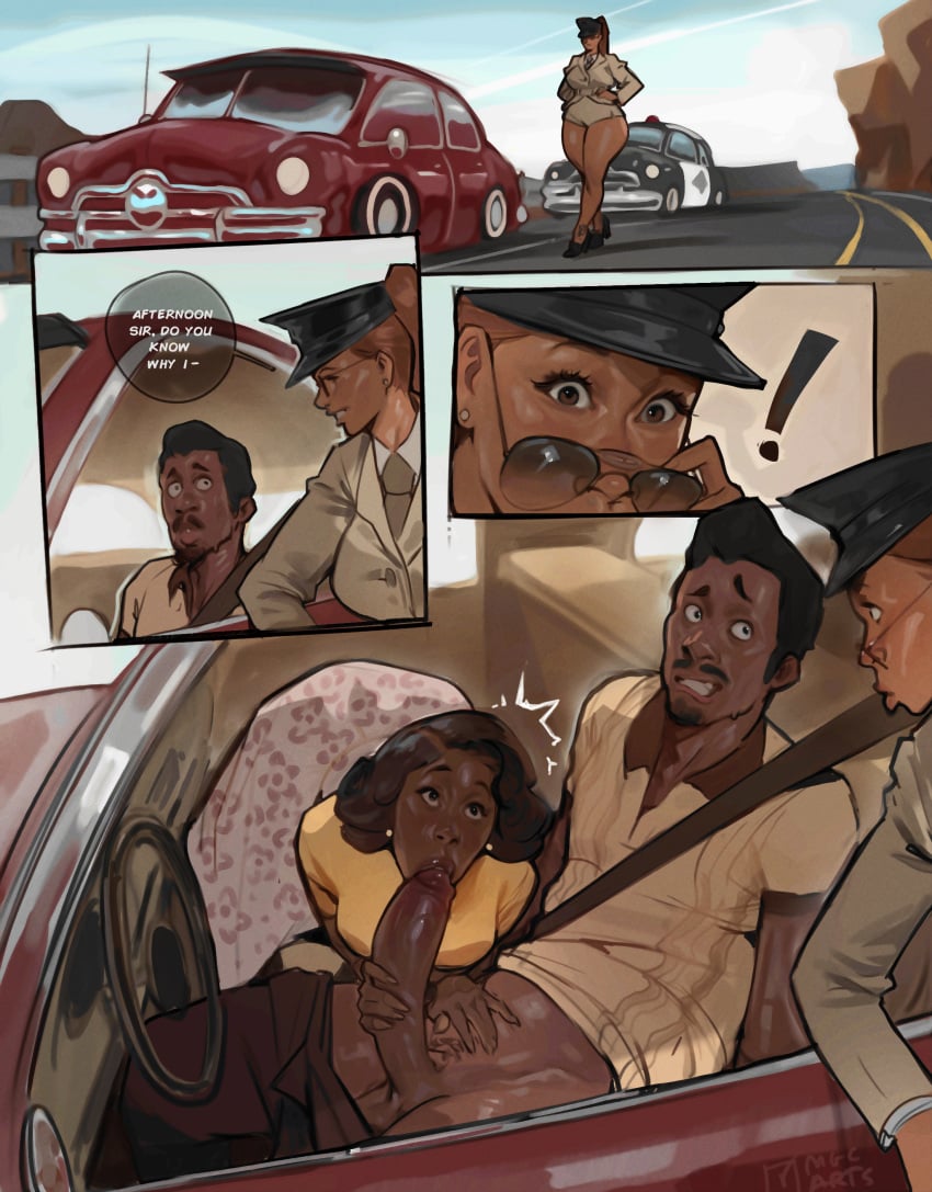 1boy 1girls 2girls black_penis blowing blowjob blowjob_face car car_sex comic comic_page ebony fellatio female female_focus magicmoonsarts male male/female multiple_girls police police_officer policewoman sex thick_thighs threesome