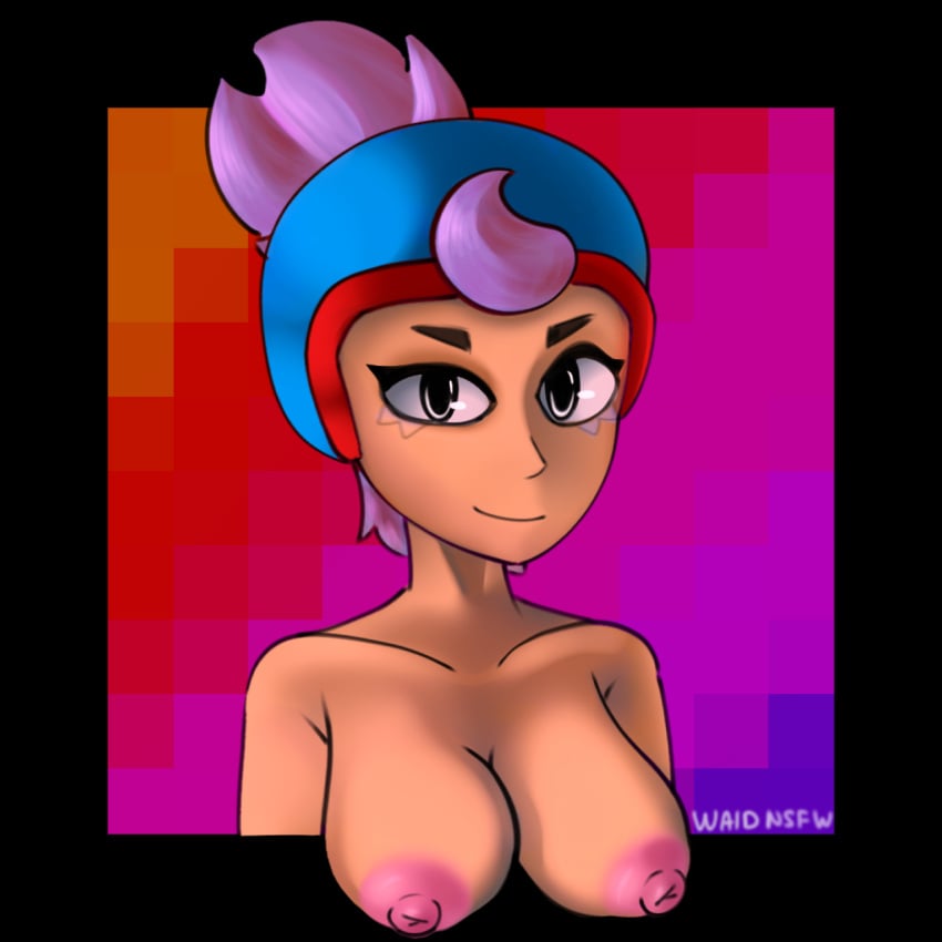 blue blue_helmet boobs_out brawl_stars breasts breasts_out chilling eyes focus focus_on_chest helmet janet_(brawl_stars) nipples nude nude_female pink_hair purple_hair remake showing_breasts showing_off smiling solo solo_female tits_out waid