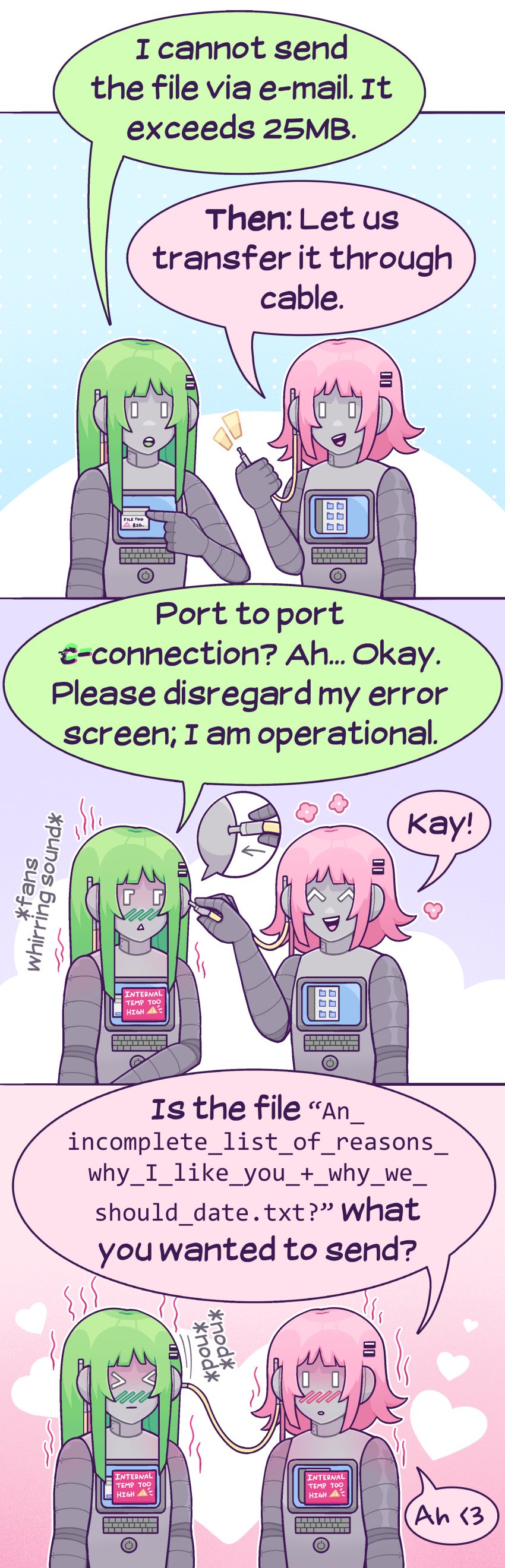 2girls android blush cord female/female female_only glitching green_hair heart hearts hearts_around_body hearts_around_head long_hair multiple_girls overheating pink_hair robot robot_girl robot_humanoid romantic_ambiance short_hair welcome_to_heaven wholesome yuri