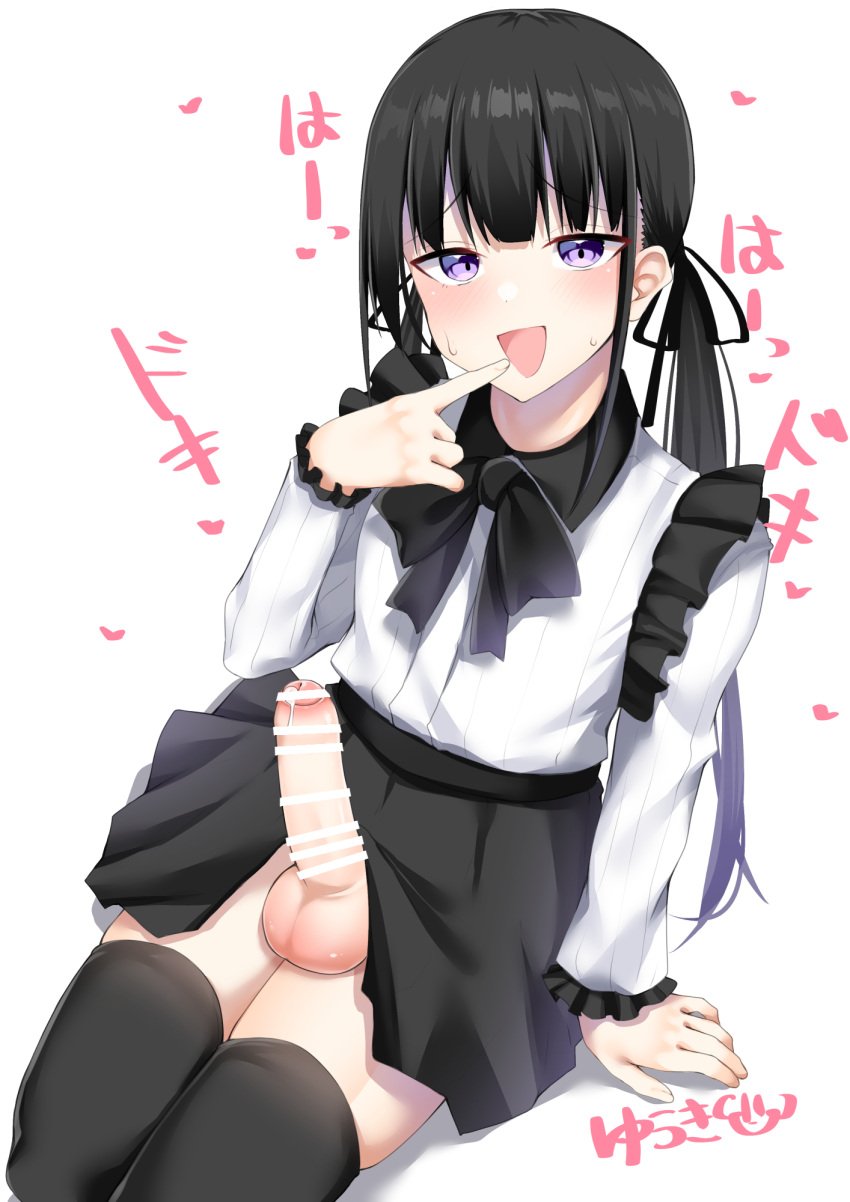 1boy bar_censor black_bow black_collar black_hair black_ribbon black_skirt black_thighhighs blush bow censored collar commentary_request crossdressing erection frilled_sleeves frills hair_ribbon highres kitajima_yuuki long_hair looking_at_viewer open_mouth original otoko_no_ko partial_commentary penis precum purple_eyes ribbon shirt shirt_tucked_in sidelocks simple_background sitting skirt solo sweatdrop testicles thighhighs translation_request twintails white_background white_shirt