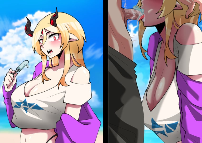 1boy 1girls aranaya_zaneri_xaphina bare_midriff bare_shoulders beard belly_button big_breasts blonde_hair blowjob blush cleavage clothed_fellatio dragon_girl dragon_horns exposed_shoulders exposed_torso fellatio green_bean horns ice_cream ice_cream_on_penis indie_virtual_youtuber jacket jacket_open looking_at_viewer midriff navel open_jacket penis penis_in_mouth pointy_ears popsicle red_eyes shorts_down tank_top tongue tongue_on_penis two_panel_image virtual_youtuber yellow_hair