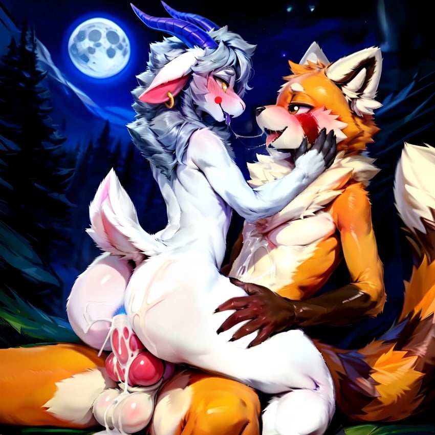 ai_generated anal_sex balls black_fingertips blue_anus blue_nipples blush cum cum_from_penis cum_in_ass cum_inside cum_on_body duo eye_contact femboy forest frosting.ai furry gay girly goat hild_(zataekink) horns looking_at_viewer male male/male moon mr_diddlez night penis precum red_panda rosso_(mr_diddlez) saliva scut_tail smile stars yellow_eyes